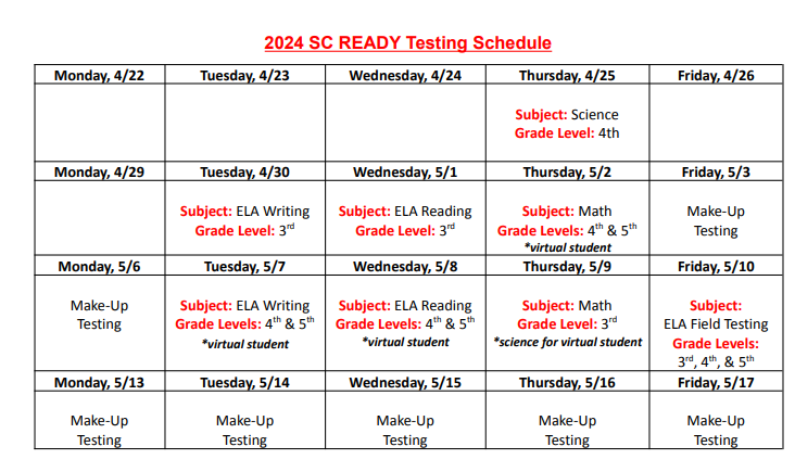 SC Ready Testing Schedule